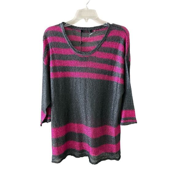 Cyrus Sweater Open Knit 3/4 Sleeve Pullover Striped Glitter Pink Large - Picture 5 of 7